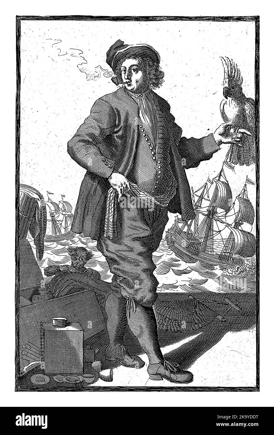 A boatman of an Indie sailor with a pipe in his mouth and a parrot in his hand. Behind him, an animal-like figure unpacks a box of things. Print from Stock Photo