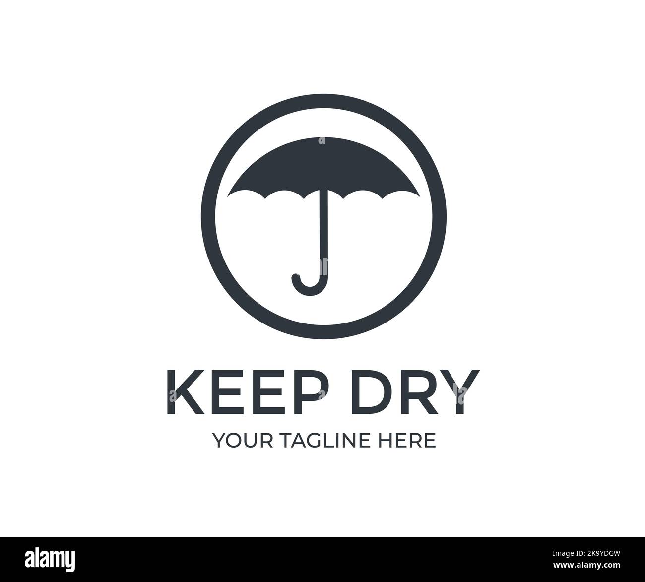Keep dry packaging symbol logo design. Package parcel logistics and delivery shipping, umbrella and rain drops sign vector design and illustration. Stock Vector