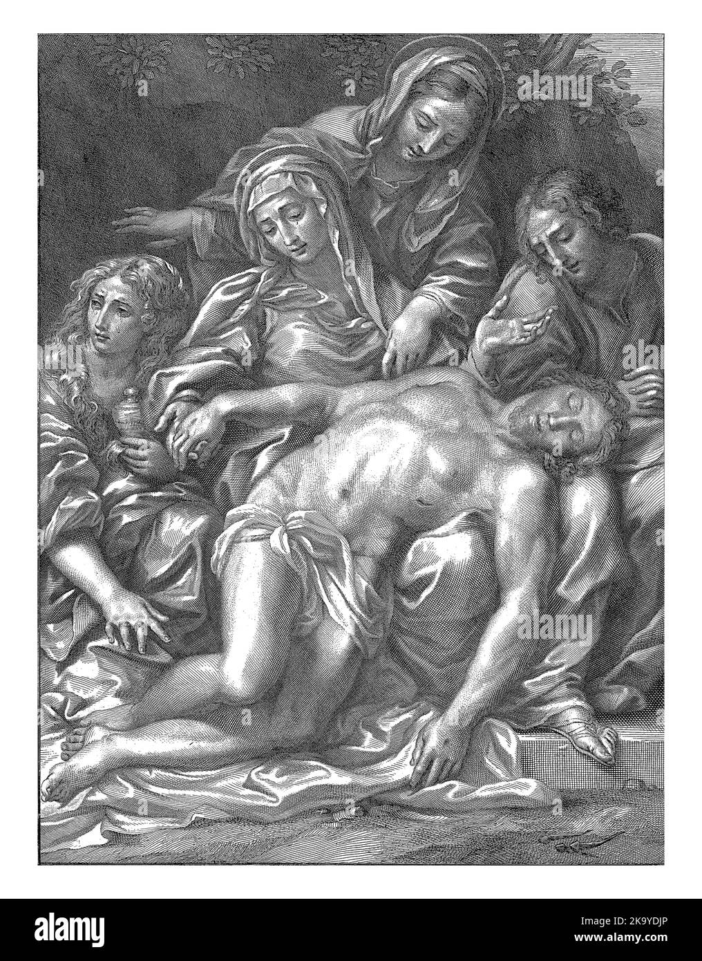 The body of Christ lies on Mary's lap. Mary, two other women, one with a nimbus, and a man mourning Christ. Stock Photo