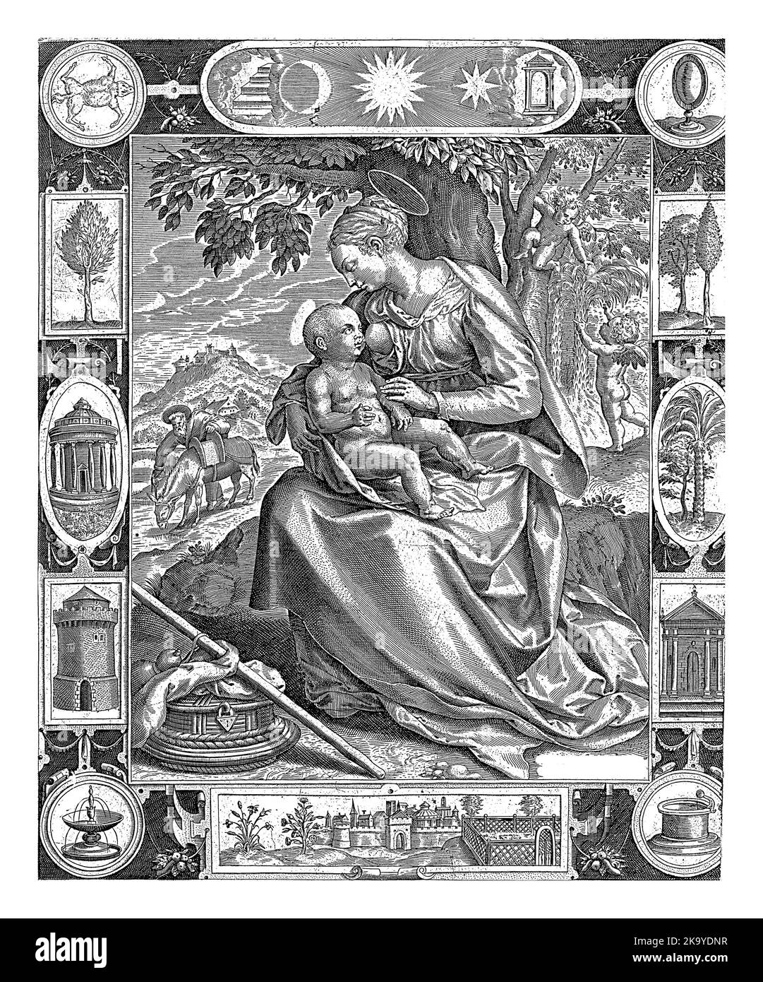 Rest on the Flight into Egypt, Maerten de Vos, 1547 - 1622 The Flight into Egypt. Mary sits against a tree and breastfeeds the Christ child. In the ba Stock Photo