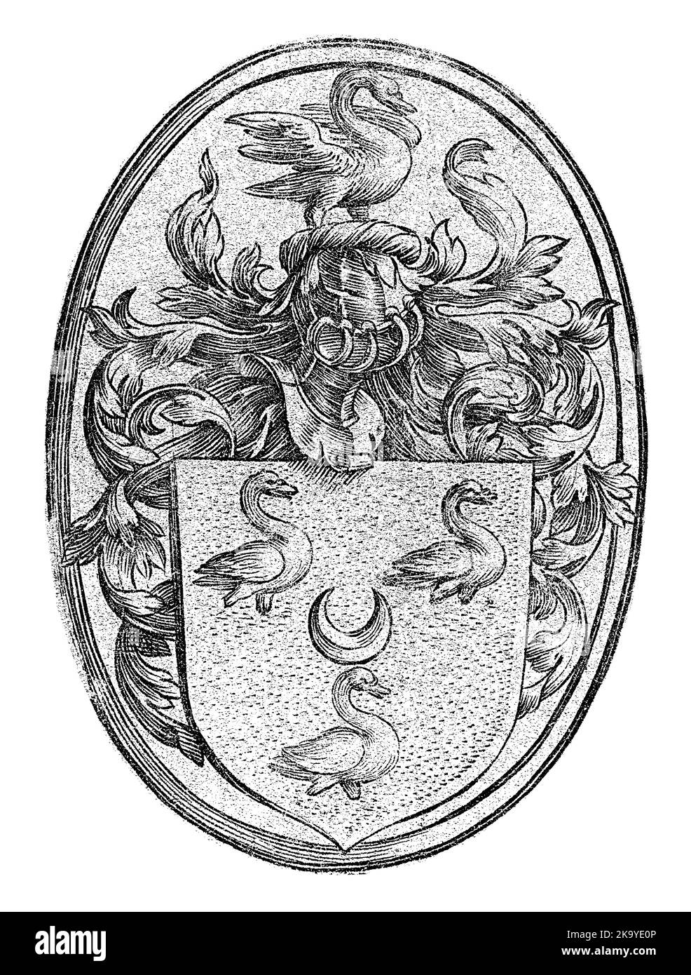 The family coat of arms of the Out family from Haarlem (a half moon surrounded by three swans) in an oval. Stock Photo