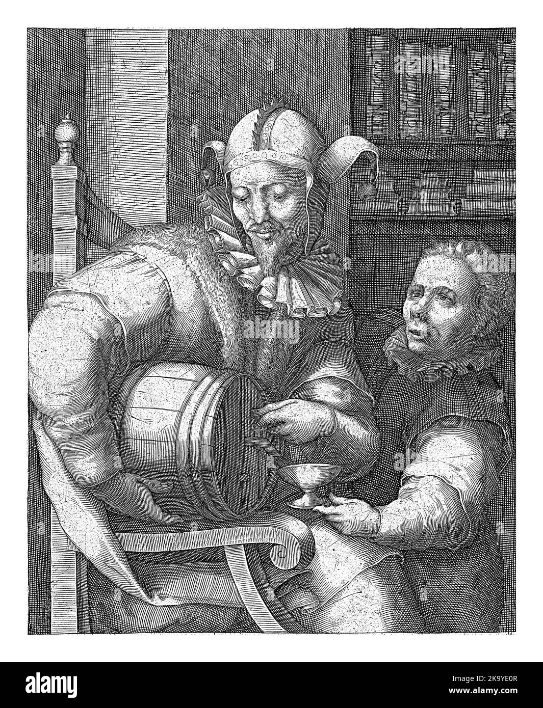 A jester sitting on a chair. Under his arm a keg with a tap. A man holds a bowl under the tap and fills it with wine. Stock Photo