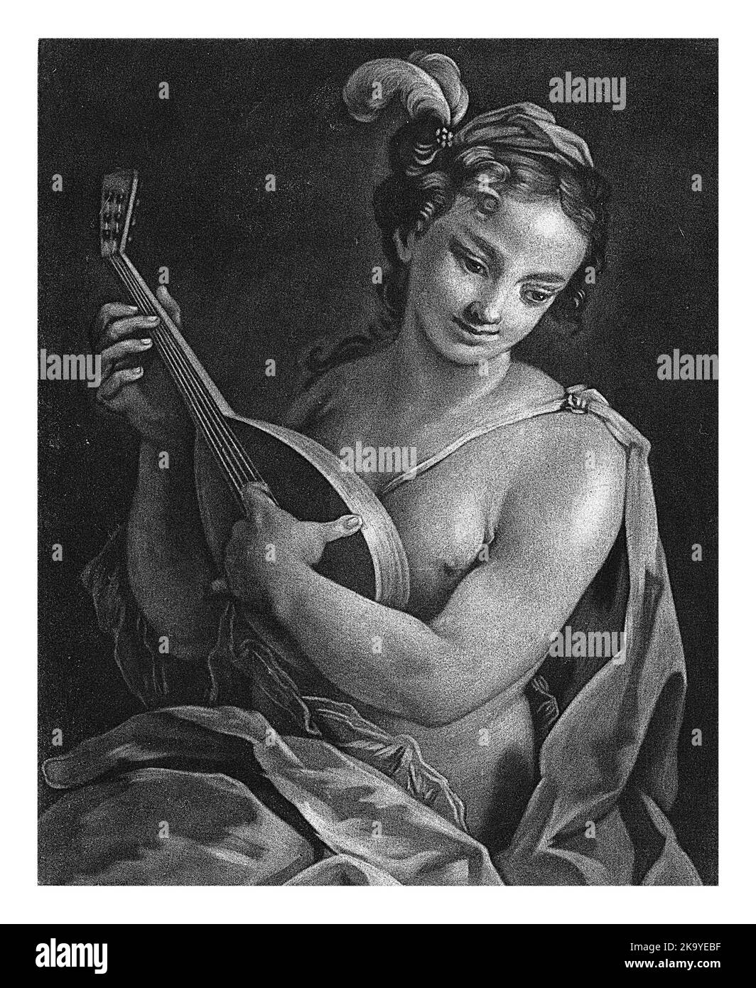 The hearing. A young woman plays a lute. The print is part of a series with the five senses. Stock Photo