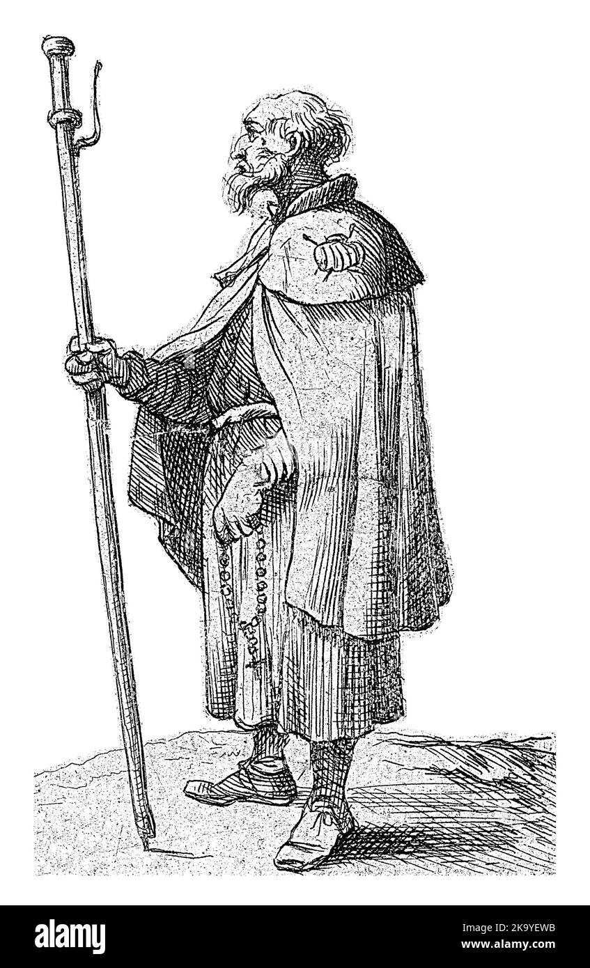 A pilgrim with a prayer beads in the left hand and a staff in the right