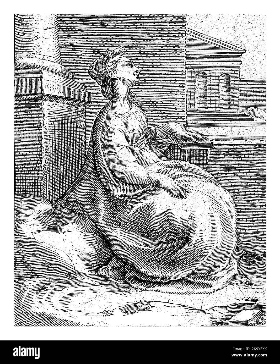 Piety, anonymous, after Jan Saenredam, after Hendrick Goltzius, 1601 - 1652 The personification of piety is part of a classical building. She wears a Stock Photo