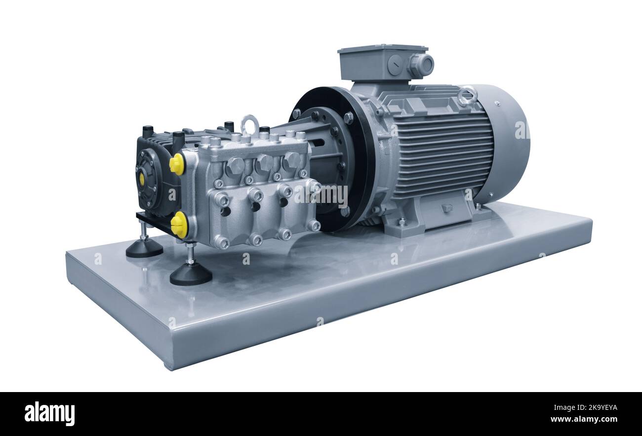 Industrial high-pressure water pump with electric motor drive Isolated on white background. Stock Photo