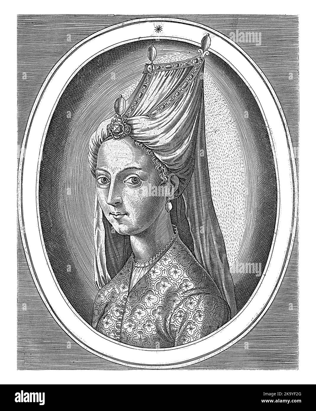 Bust to the left of Camalia, daughter of Suleyman I the Magnificent in an oval with her name and title in Latin. Stock Photo