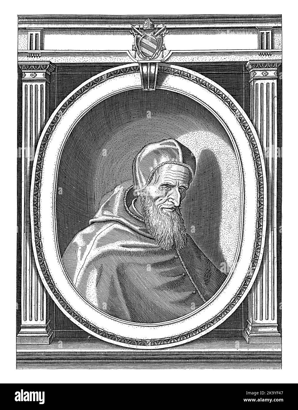 Portrait of Pope Pius V dressed in the papal robes, head adorned with a camauro. Bust to the right in an oval frame with edge lettering. Stock Photo