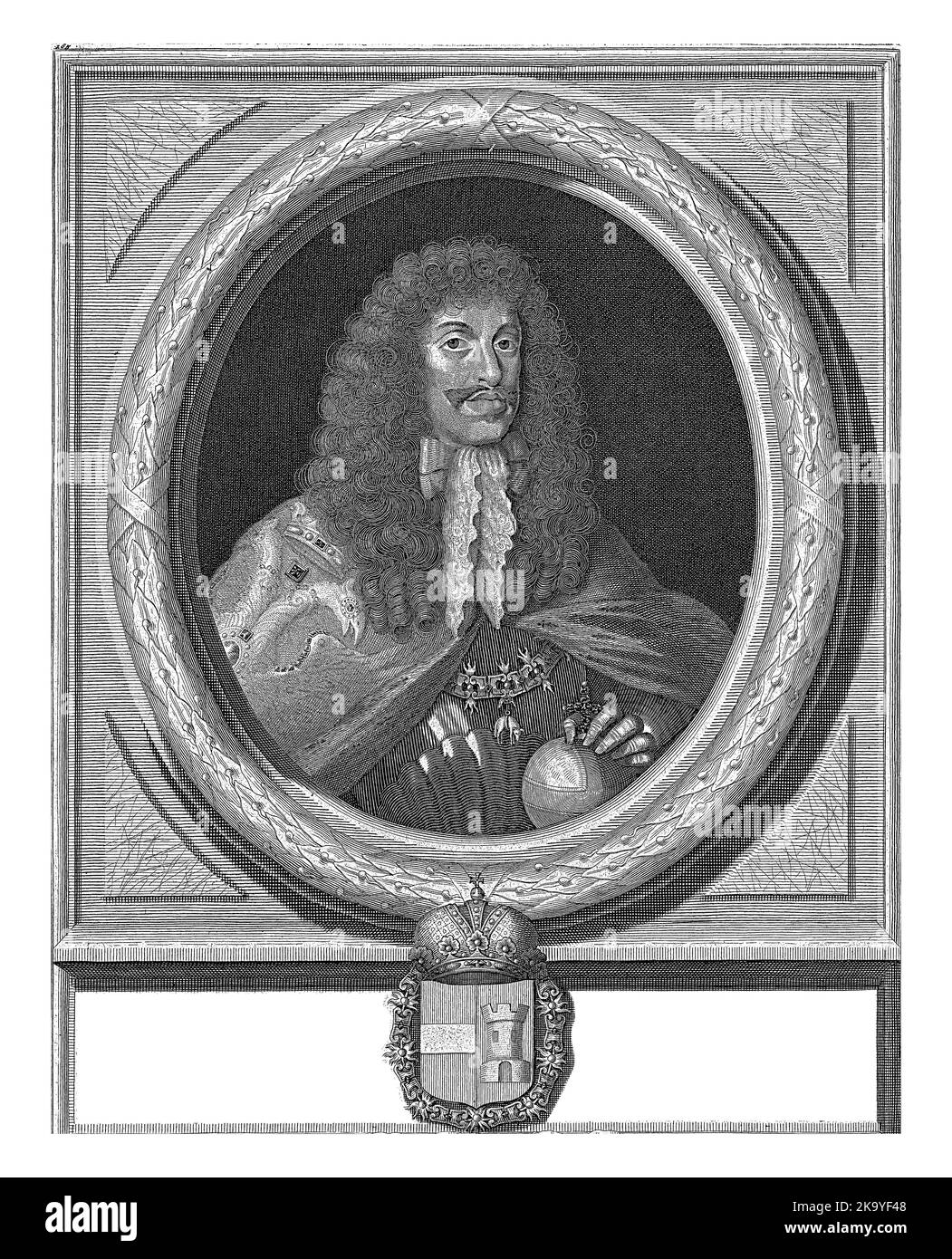Portrait in oval frame of Leopold I, Emperor of the Holy Roman Empire. Bust to the right. His left hand rests on the orb. The chain of the Order of th Stock Photo