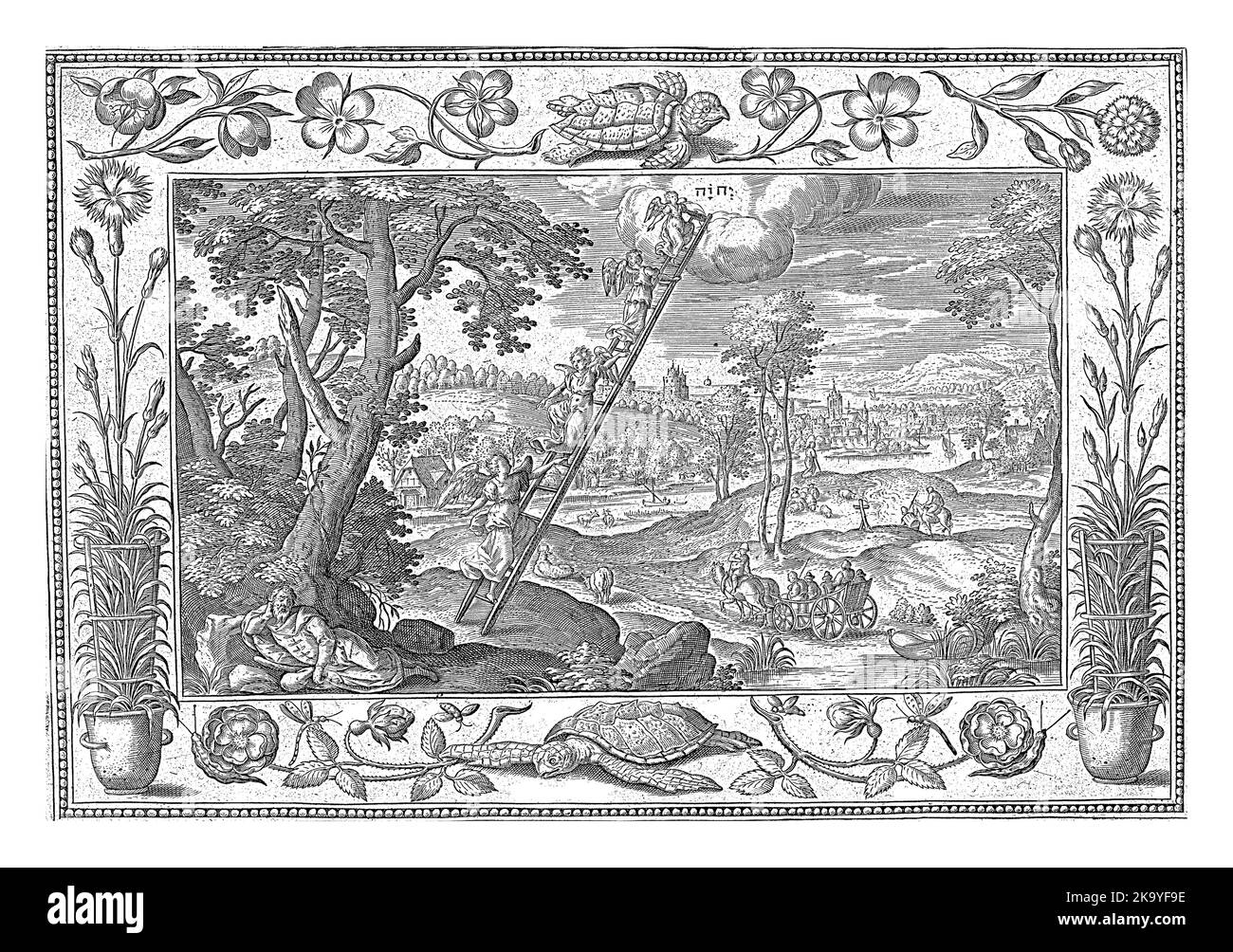 Landscape with a river. In the foreground on the left the sleeping Jacob. He dreams that angels climb up and down a ladder from heaven. Up in the clou Stock Photo