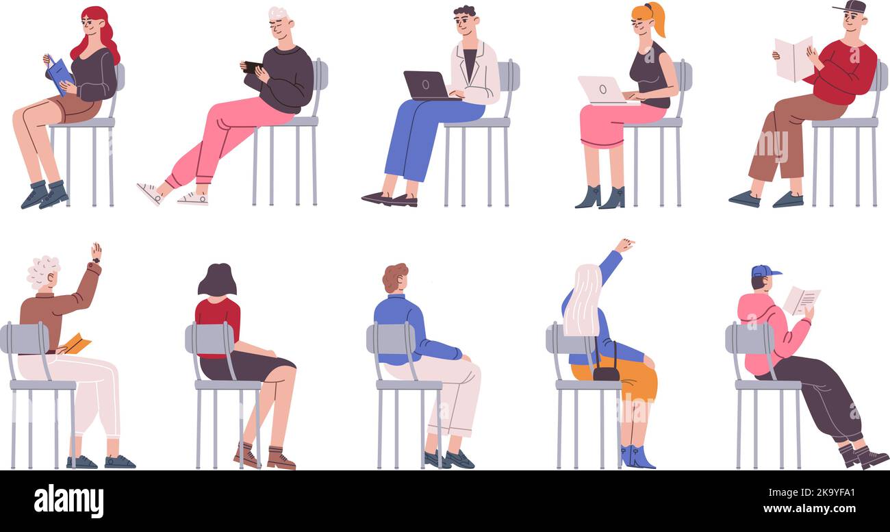 Sitting pupils on chair. Diverse students sit in seat front, back and side views, teen people study at university lecture or college lesson classroom, vector illustration of student sit on chair Stock Vector