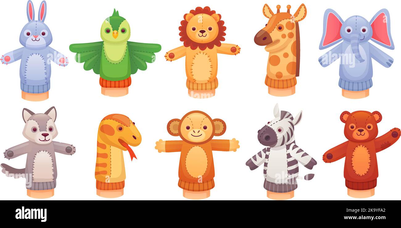 Animal puppet toys. Cartoon handmade funny puppets for puppeteer hands, children play home kindergarten in zoo doll from sock, finger toy show theater ingenious vector illustration Stock Vector