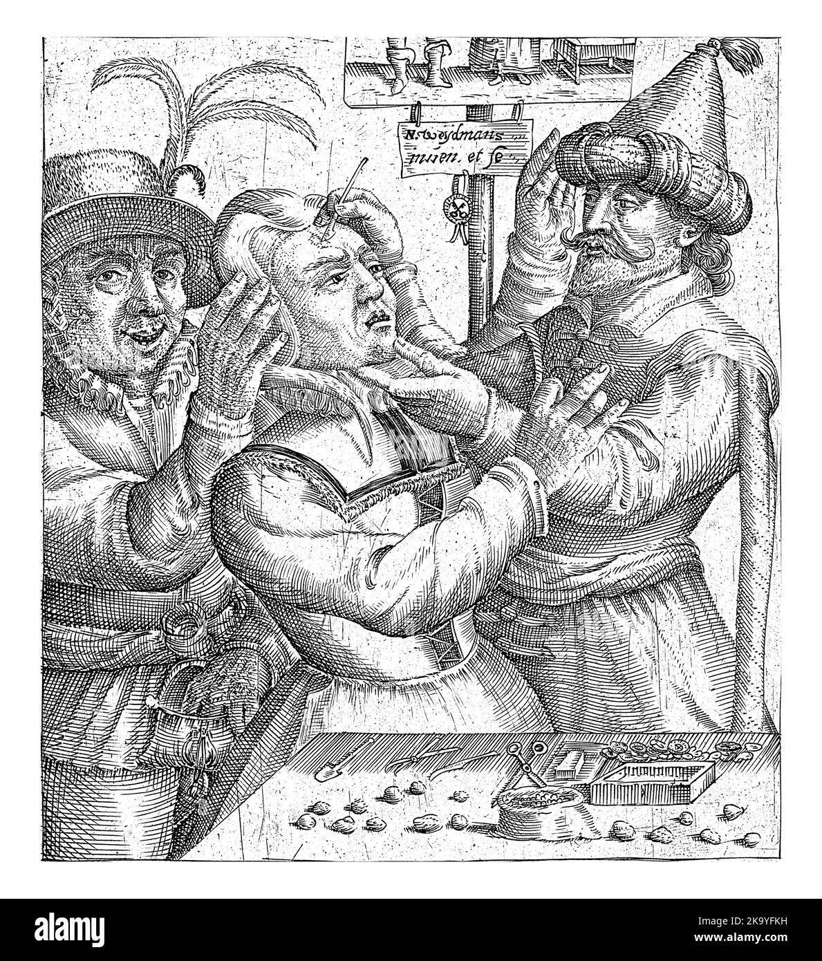 Cutting the boulder. A quack, wearing a turban, scratches a woman's forehead with a scalpel. The man behind the woman holds her head and feels in his Stock Photo