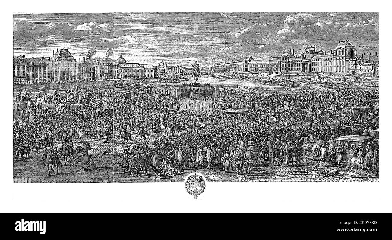 Louis XIV, King of France, sits in a carriage surrounded by his guard and court. The carriage crosses Pont-Neuf in Paris with the equestrian statue of Stock Photo