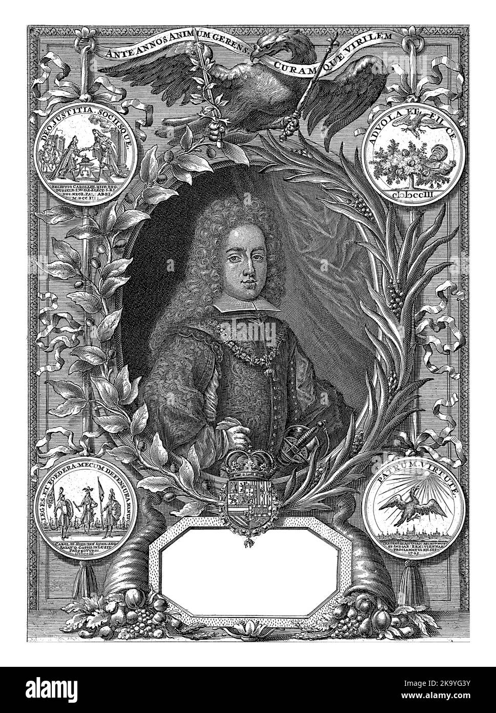 Portrait of Charles III King of Spain in an ornamental frame. Karel wears the chain of the Golden Fleece around his neck. Above the portrait an eagle Stock Photo