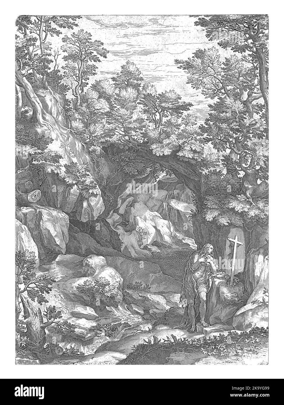 Landscape with Saint Mary Magdalene praying before a crucifix in a ravine. Stock Photo