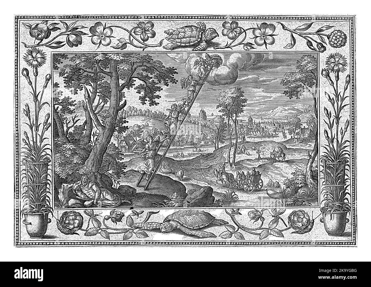 Landscape with a river. In the foreground on the left the sleeping Jacob. He dreams that angels are climbing up and down a ladder from heaven. Stock Photo