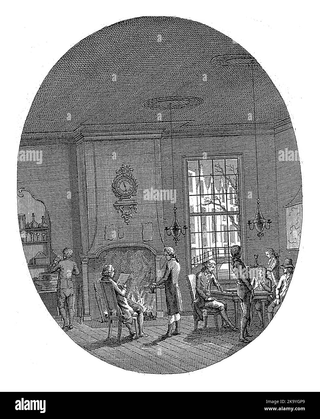 The interior of a coffee house in an oval frame. Several men are standing and sitting in a room with a fireplace. The men smoke, read the newspaper or Stock Photo