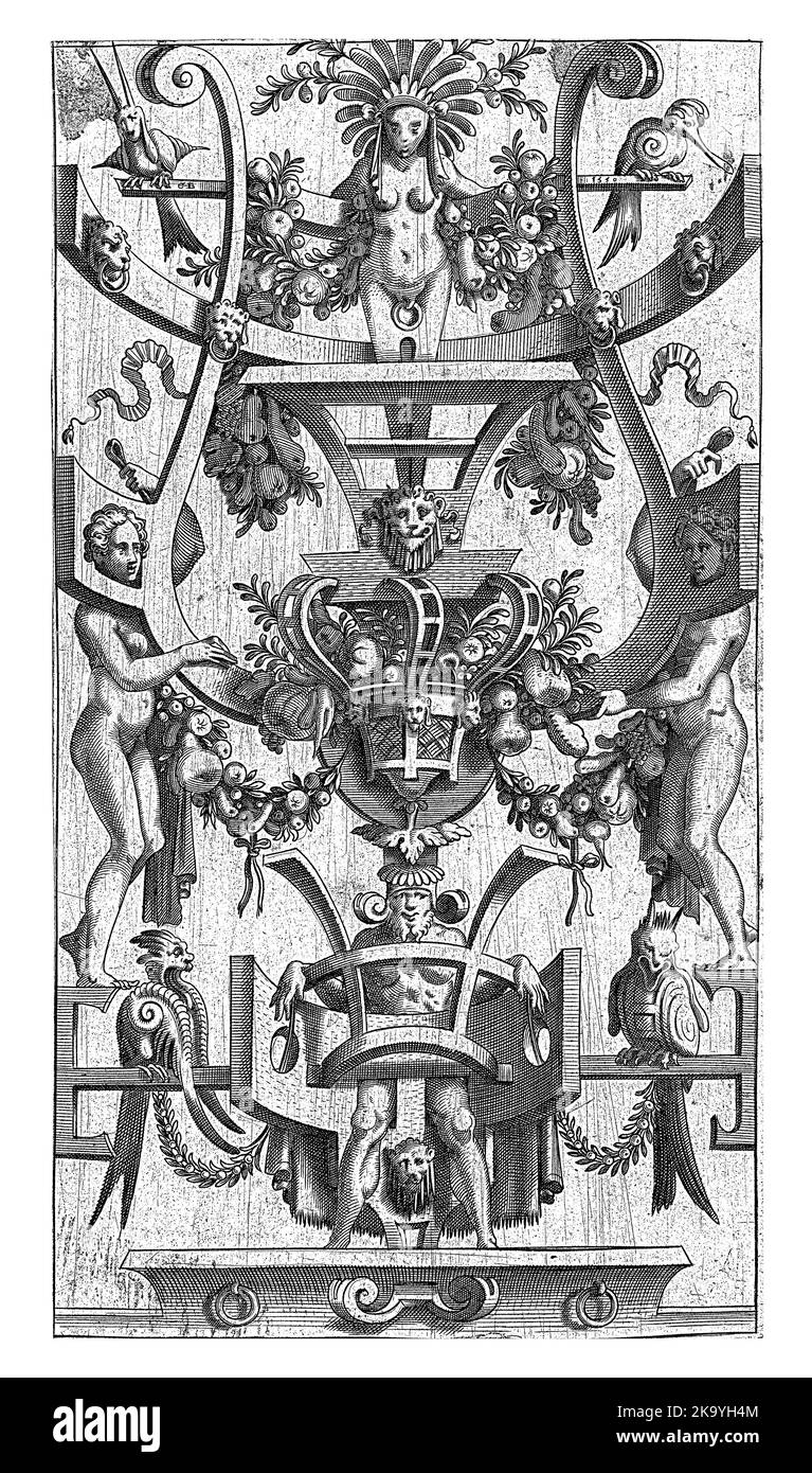 A female herme rises above the fruit basket, below is a man, whose legs protrude through the scrollwork. Sheet from a series of 6 sheets with grotesqu Stock Photo