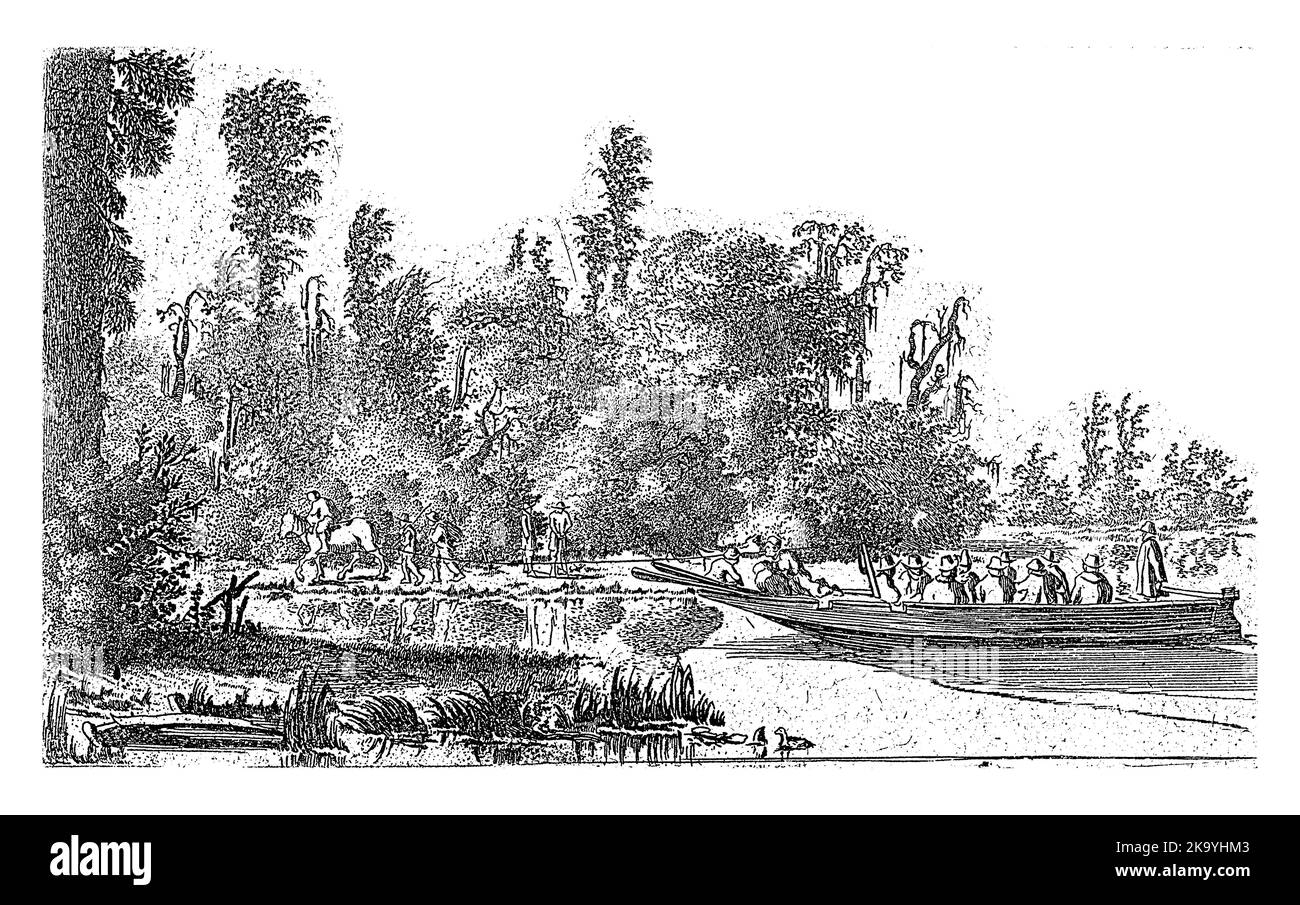 Above: River landscape with a ferry at a city gate. Below: view of a river with a boat with figures. Along the water's edge, at the edge of the forest Stock Photo