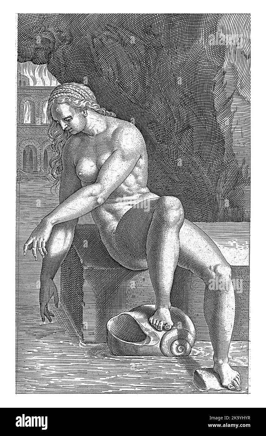 River Nymph Styx, Philips Galle, 1587 The River Nymph Styx, seated on a stone block. In the background the flames of hell. Stock Photo