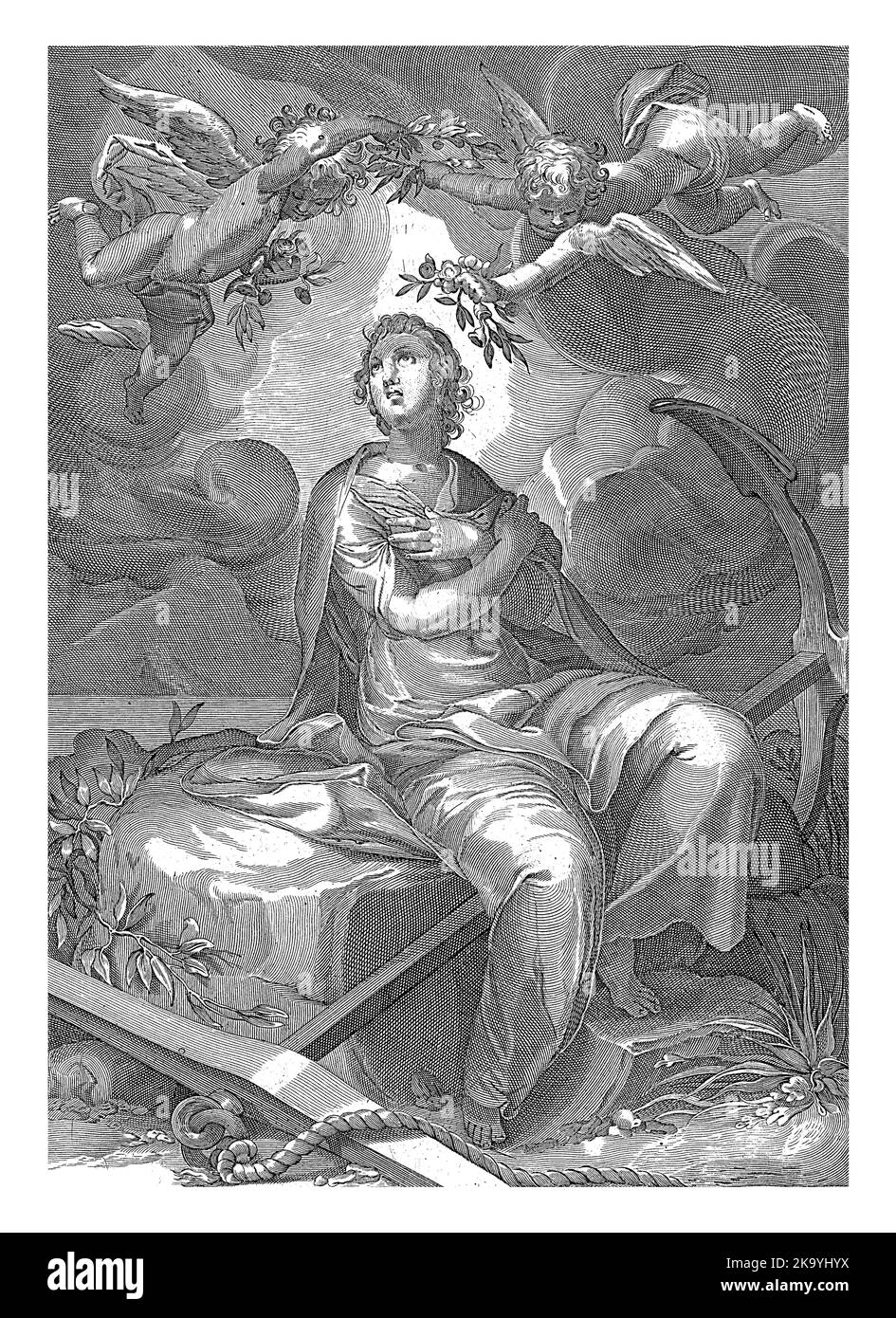 The female personification of Hope, one of the three divine virtues, with an anchor under her legs. Putti flying above her head with a laurel wreath a Stock Photo
