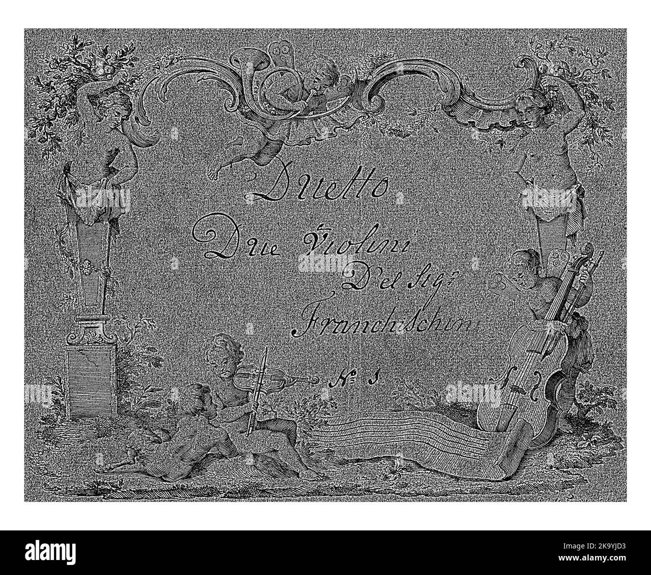 Cartouche with left and right caryatids. Under a violin playing putto and a listening satyr child. On the right a putto with cello. Top edge of seed b Stock Photo