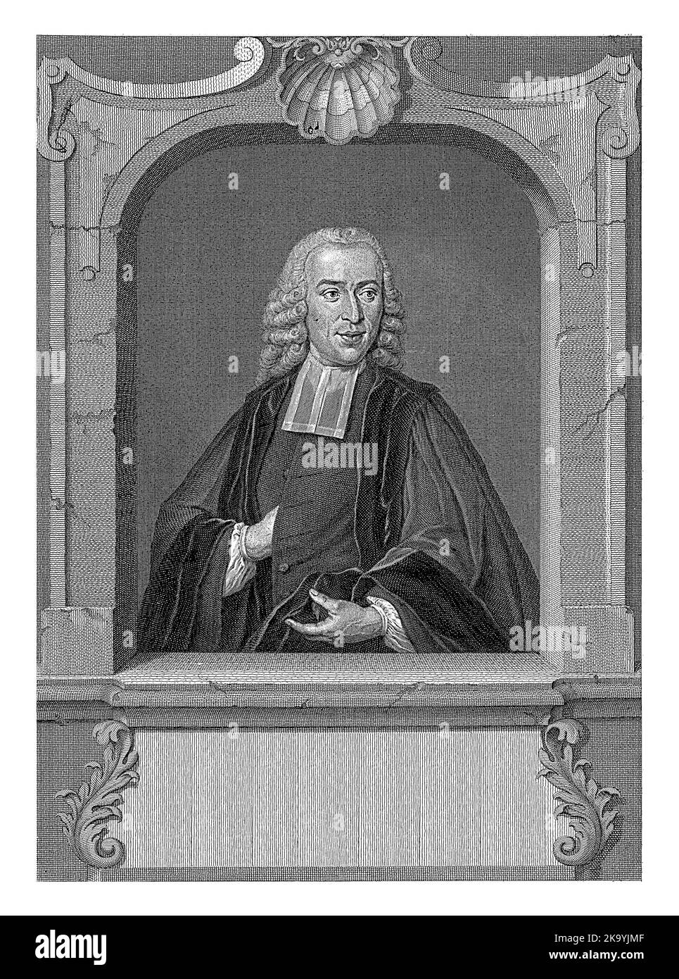 Half-length portrait of Johannes van Schelle at the age of 36 in an architectural window. Under the windowsill are name and information in three lines Stock Photo