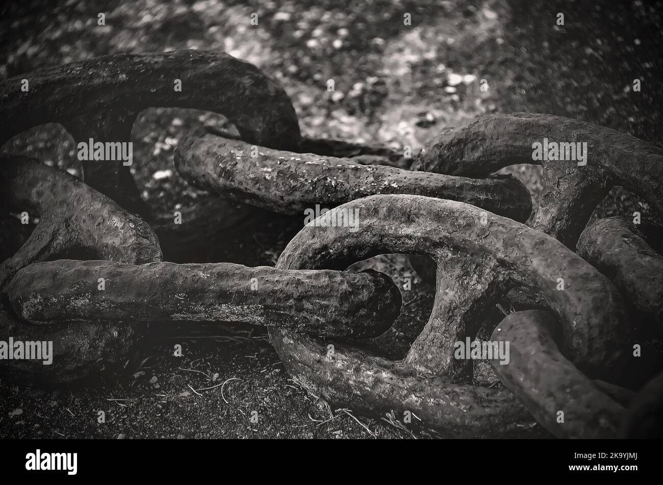 A large chain used for a ship’s anchor is pictured, Oct. 24, 2022, in Bayou La Batre, Alabama. The heavy-duty chain is made with lugless shackles. Stock Photo