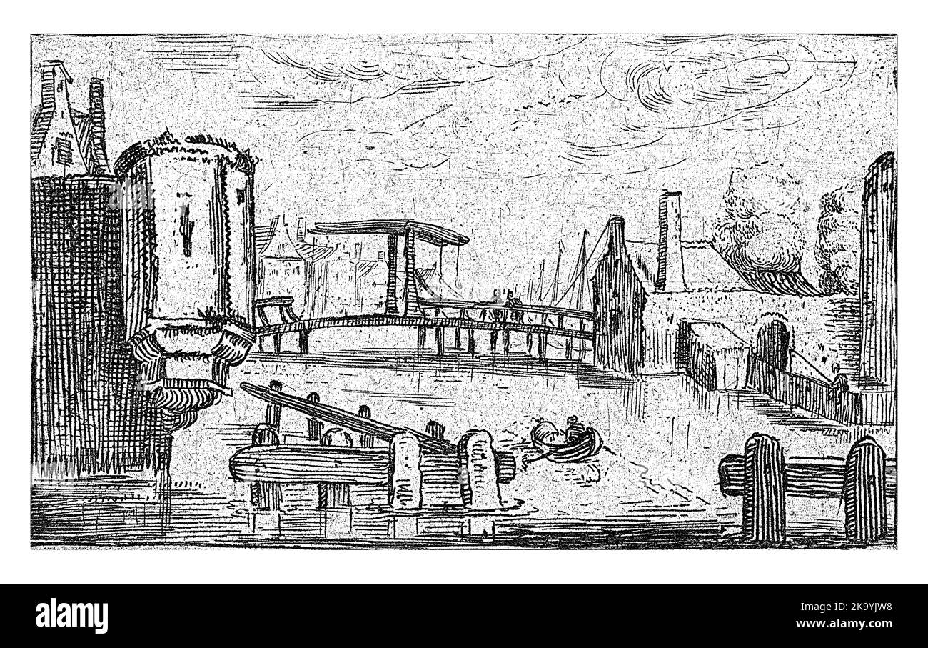 Canal with drawbridge in a city, Esaias van de Velde (rejected attribution), 1613 - 1680 Stock Photo