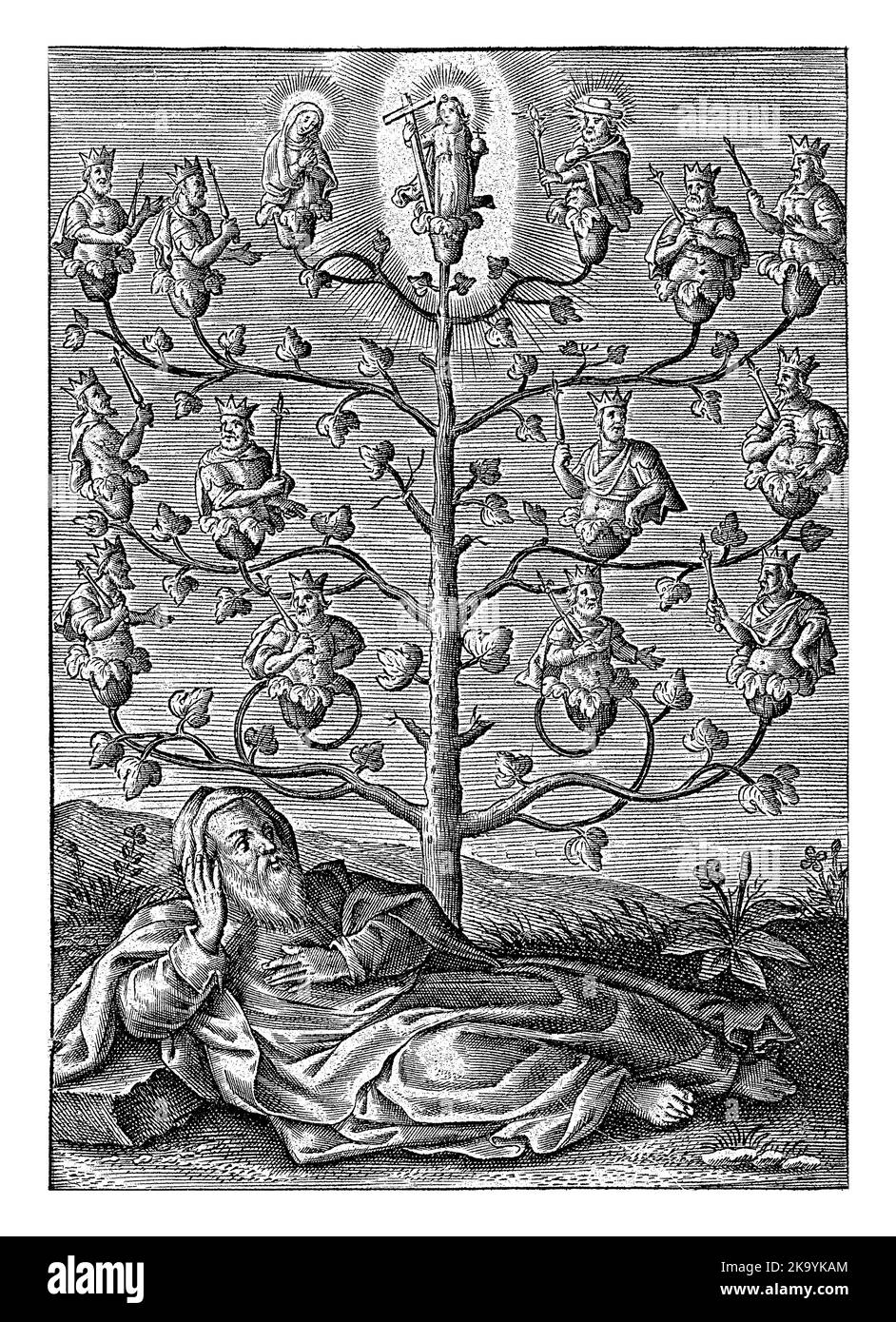 Tree of Jesse, Theodoor Galle (possibly), 1581 - 1633 The Tree of Jesse. In the foreground is Jesse. From his loins grows a tree, on the branches of w Stock Photo