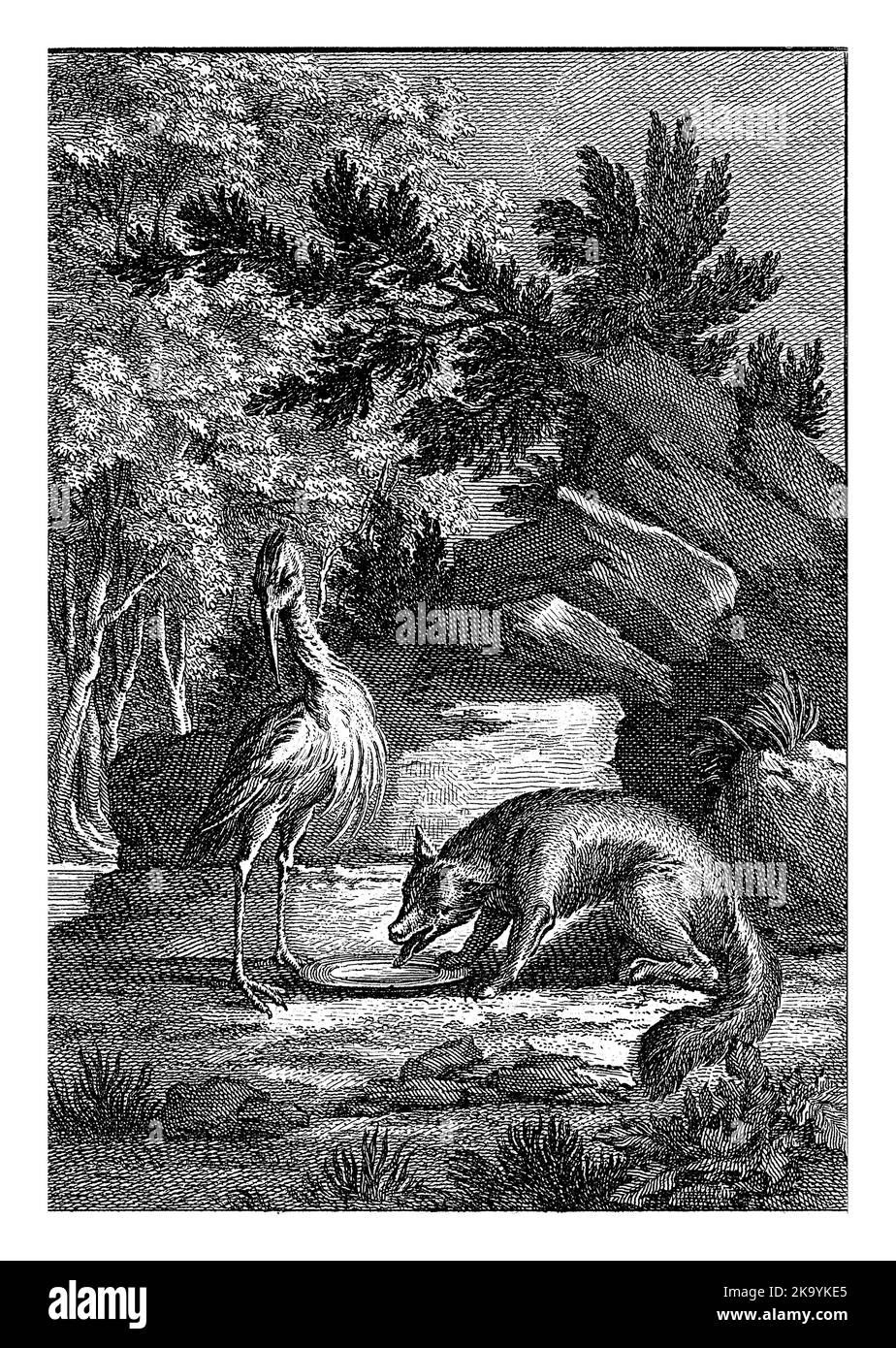 A stork and a fox in a rocky landscape. The fox drinks from a bowl. Illustration of Fable XVIII Le Renard et la Cicogne. Stock Photo