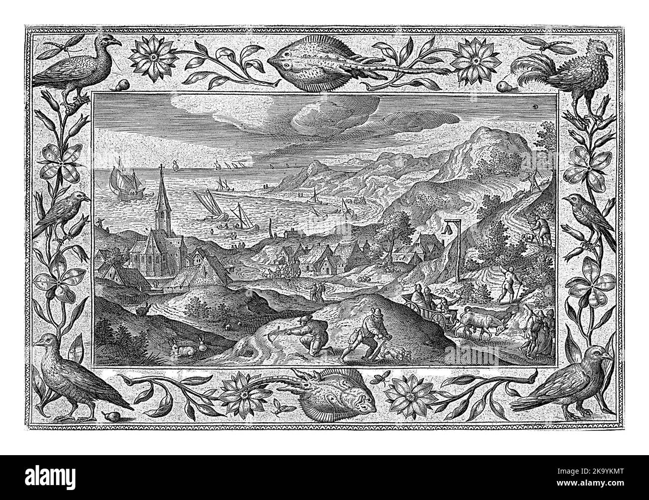 Hilly landscape with rabbit hunting. In the foreground some hunters shooting rabbits with a crossbow. The print has an ornamental frame with flowers, Stock Photo