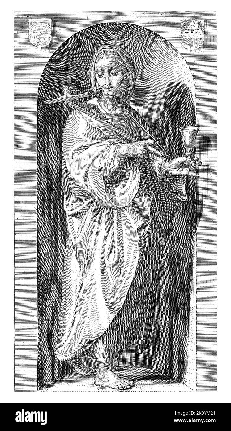 Personification of the faith, with crucifix and chalice, standing in niche. Stock Photo