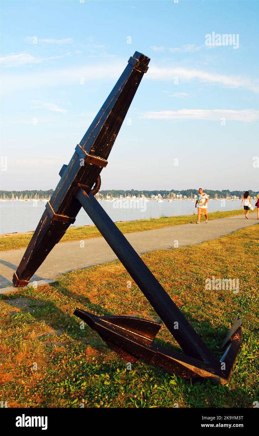 An antique sip anchor stands at the entrance to the Salem Maritime National Historic Park Stock Photo