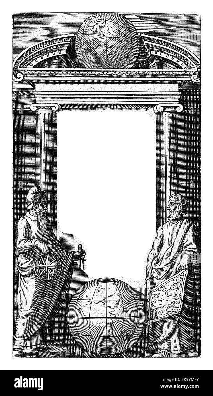 Two scholars stand in front of a monument decorated with a globe. At their feet lies a second globe. The man on the right has a map in his hand, the m Stock Photo