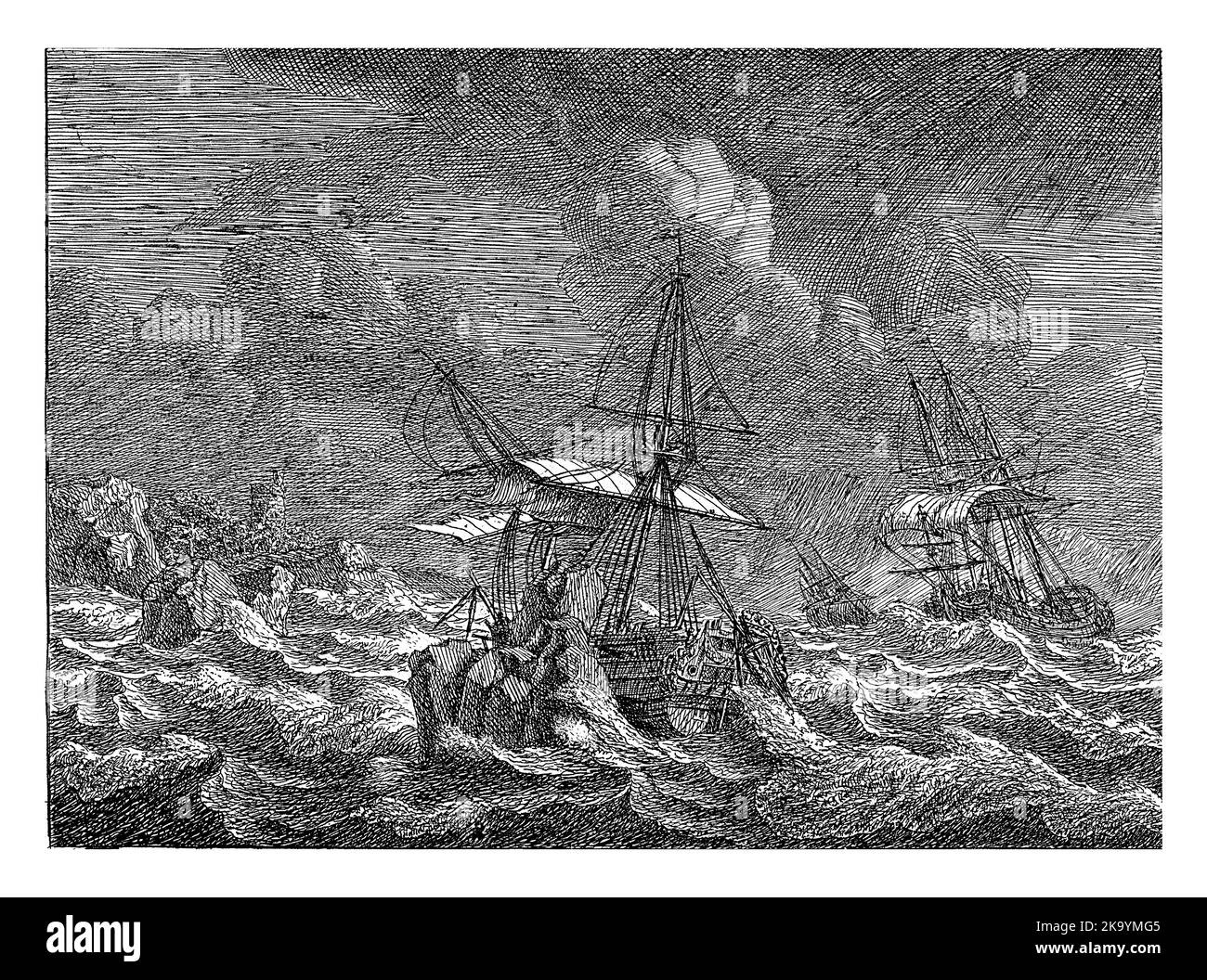 Three Sailing Ships in a Storm Off a Rocky Coast Stock Photo