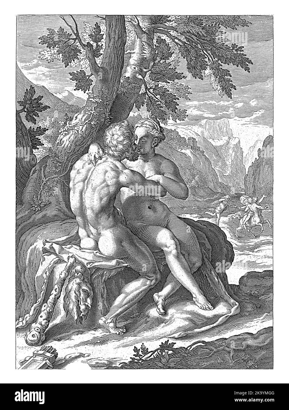 Hercules and Deianira in an amorous embrace in a landscape. Next to Hercules are his club and lion skin. In the background, Hercules kills the centaur Stock Photo