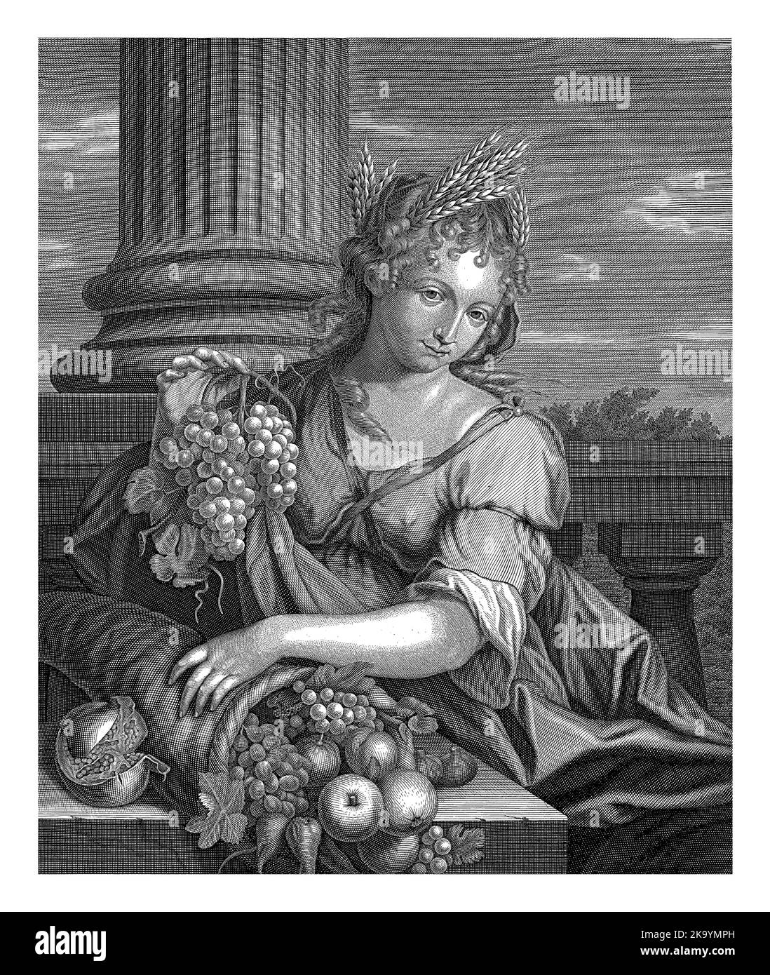 Ceres sitting in front of a column. In her right hand she holds a bunch of grapes and her left hand rests on a cornucopia. Stock Photo