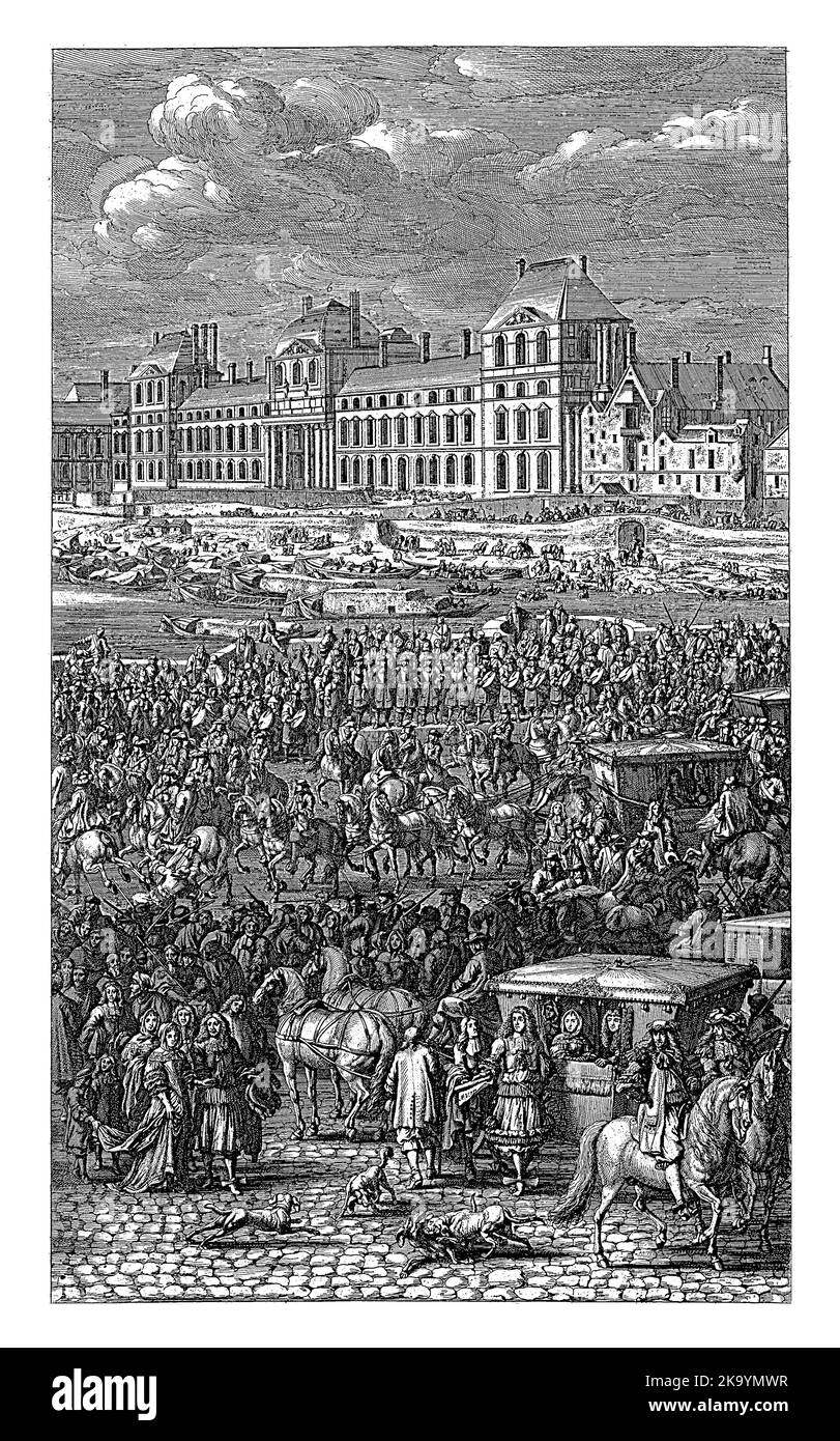 The rear guard of the royal procession of Louis XIV, King of France at Pont-Neuf in Paris. In the foreground a carriage stands still and people watch Stock Photo