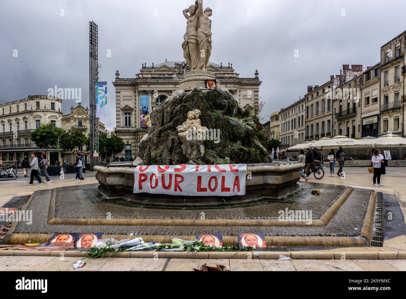 A memorial in the centre of Montpelier, France, demanding justice for Lola, a 12 year old girl murdered in Paris on 14th October 2022. Stock Photo