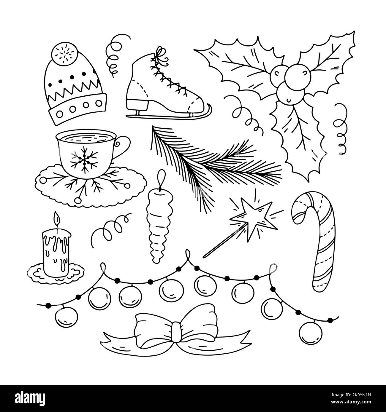Christmas elements in hand drawn doodle style. Cute New year vector collection. Illustration with winter decor. Design for prints and cards Stock Vector