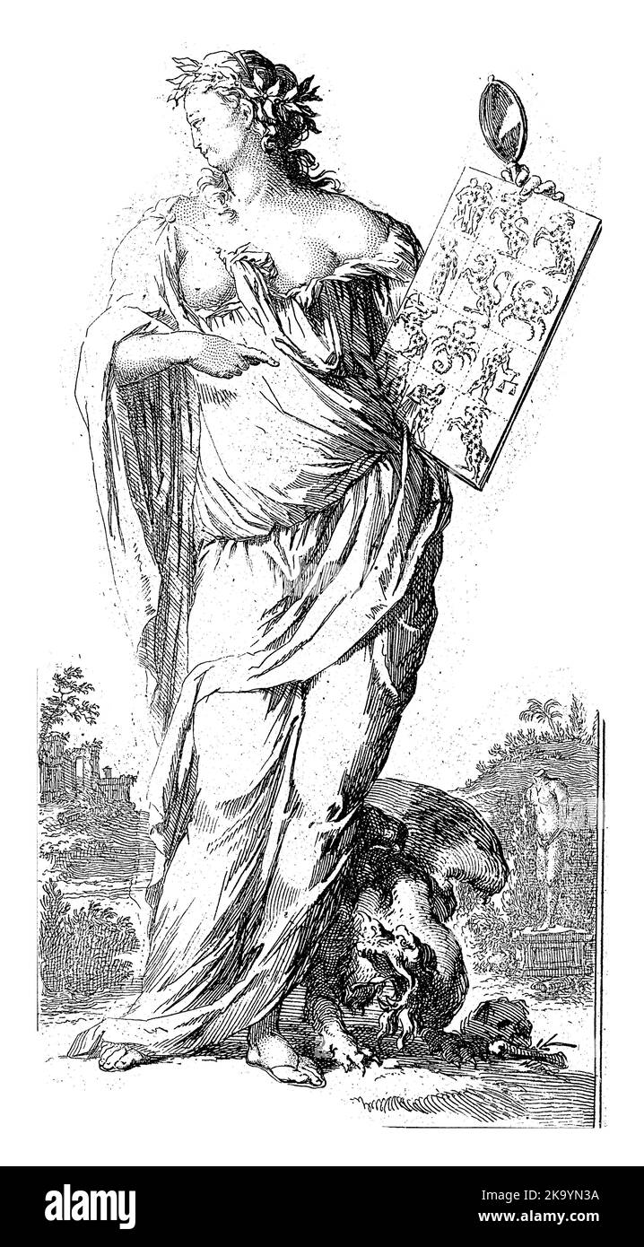 A female figure as a personification of time points to the twelve signs of the zodiac and has a mirror in her left hand. Stock Photo
