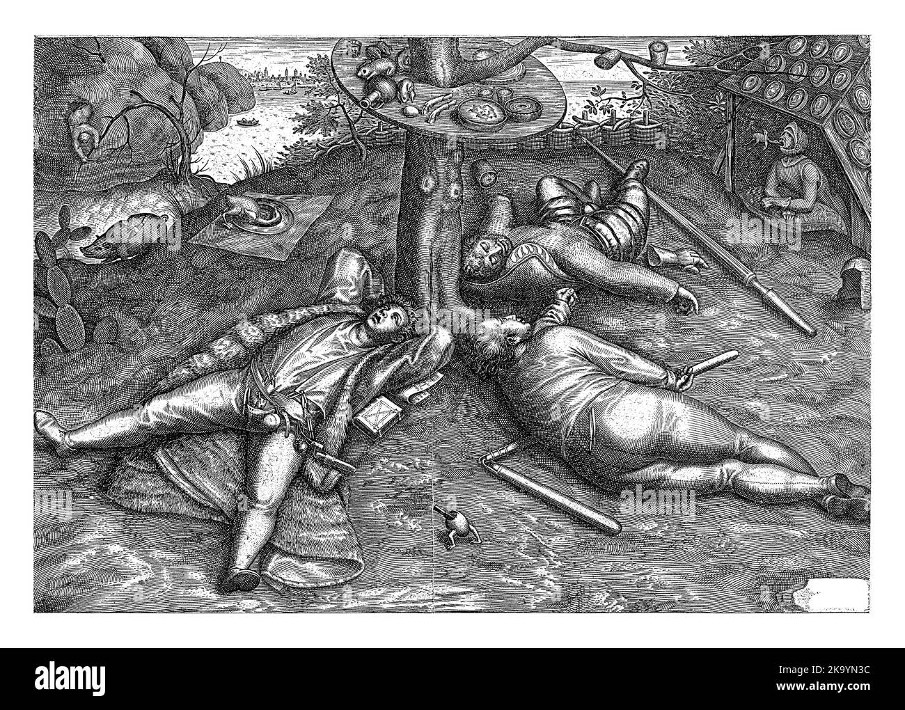 Luilekkerland, Pieter van der Heyden (attributed to), after Pieter Bruegel (I), 1567 - 1600 A clerk, a farmer and a soldier are sleeping on the floor Stock Photo