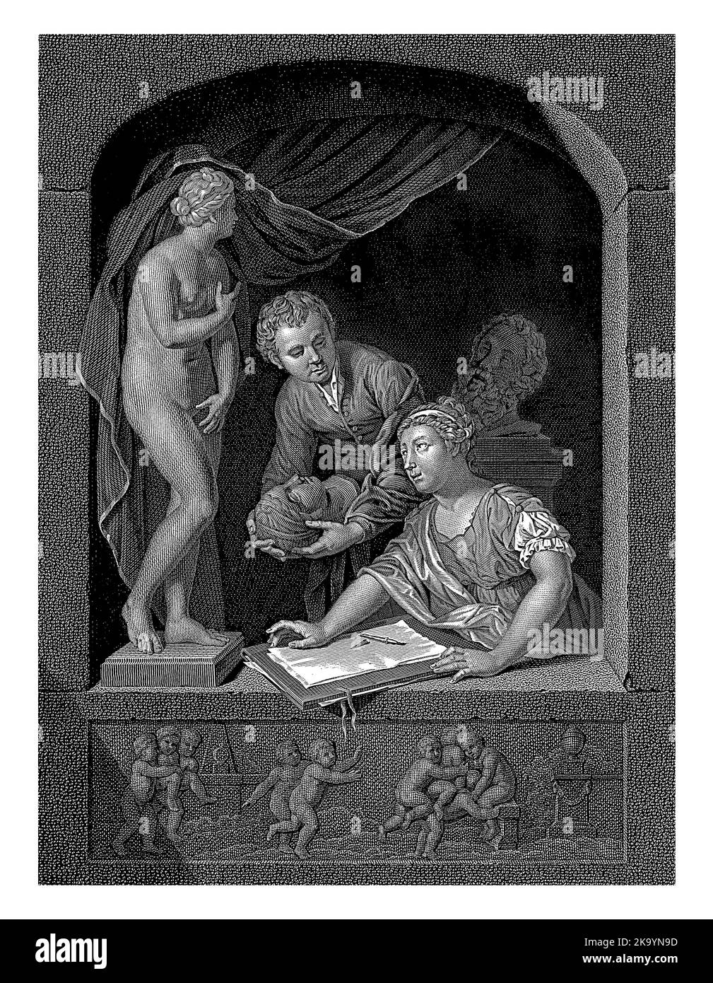 A woman in a window with drawing tools in front of her, drawing to the Capitoline Venus in front of her on the windowsill. Stock Photo