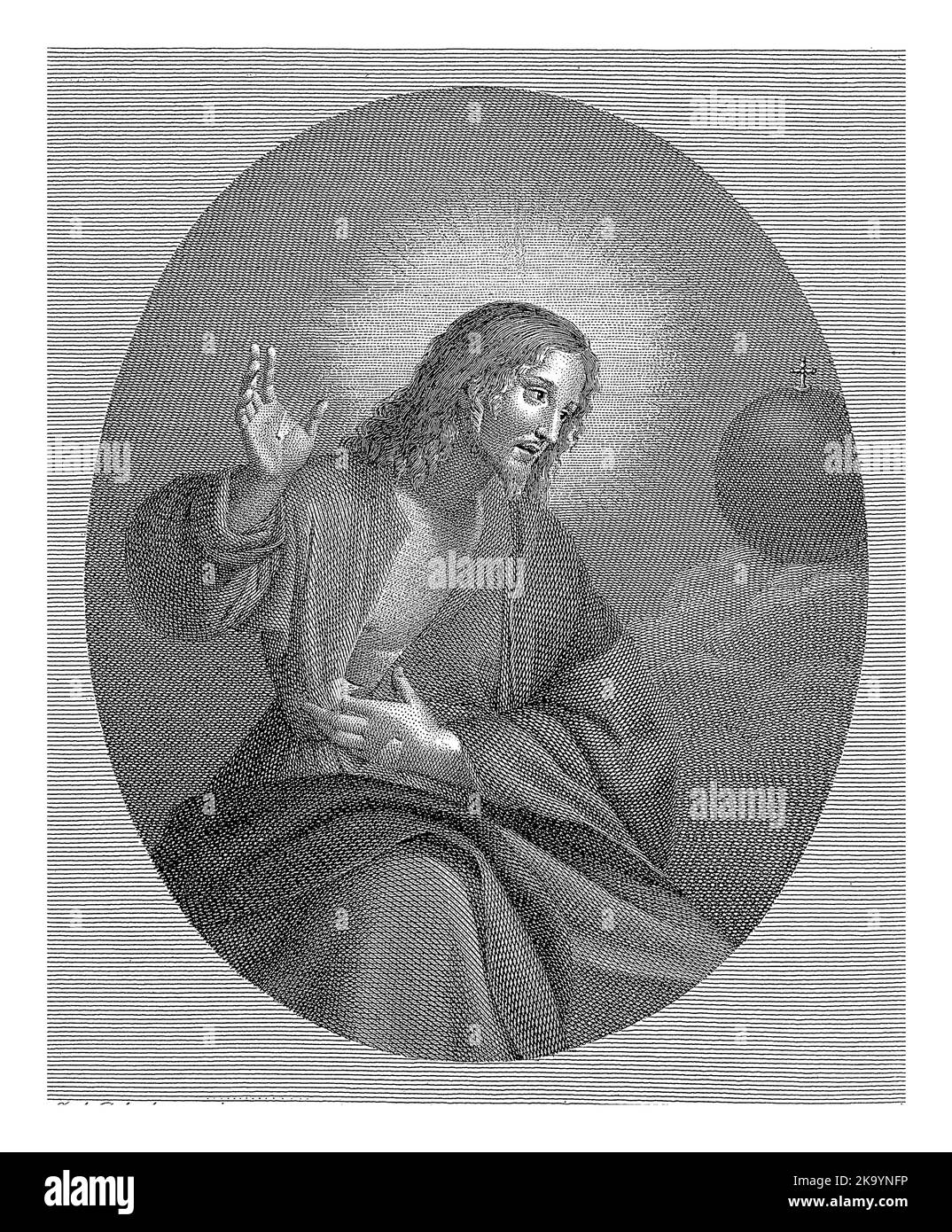 christ shows the stigmata in his hands and his side wound he is looking at a globe with a cross 2K9YNFP