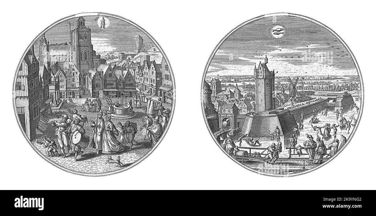 Two round frames with winter scenes in the city. On the left January ...