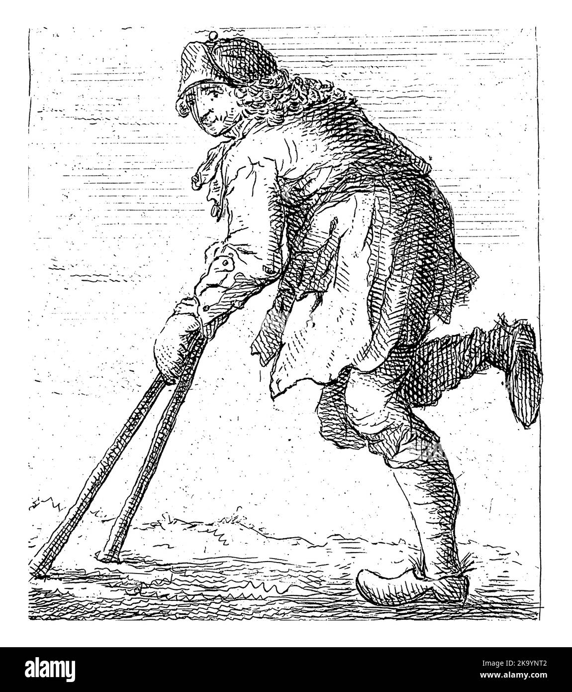 A beggar in clogs with crutches. Below the print four lines of verse in Dutch Stock Photo Alamy