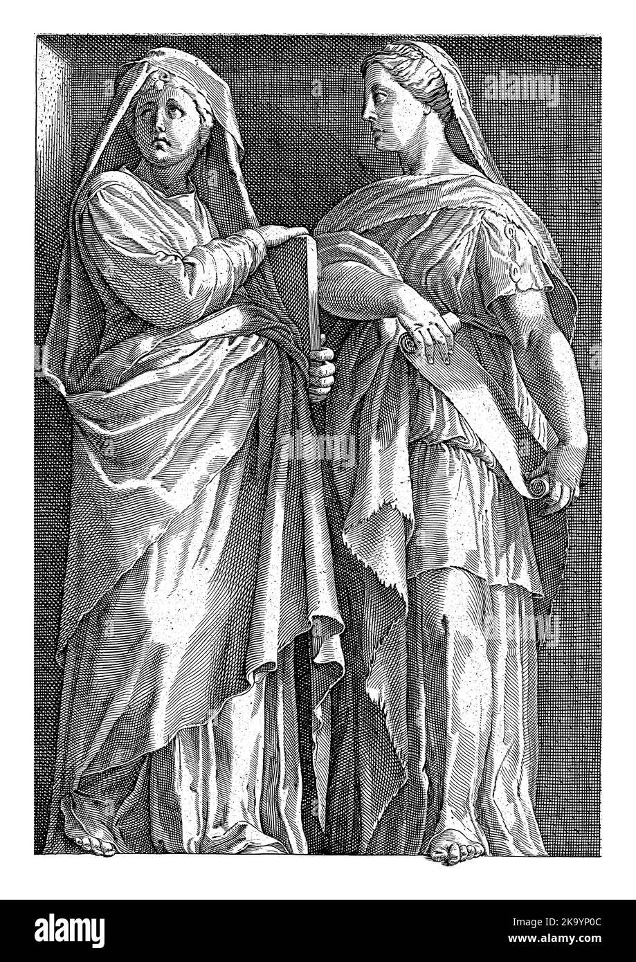 Two sibyls, one holding a book or tablet, the other holding a scroll. Below the performance a two-line text in Latin. Stock Photo