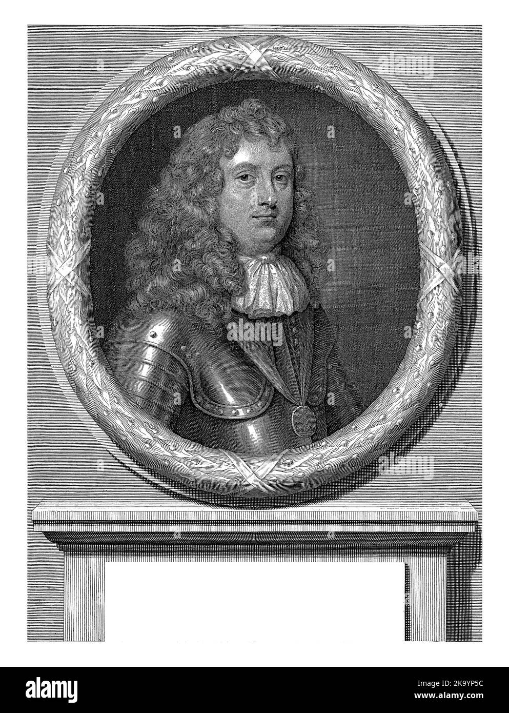 Portrait of the English aristocrat Edward Montagu (I) Earl of Sandwich in an oval frame made of laurel leaves. Below the portrait, on a pedestal, are Stock Photo